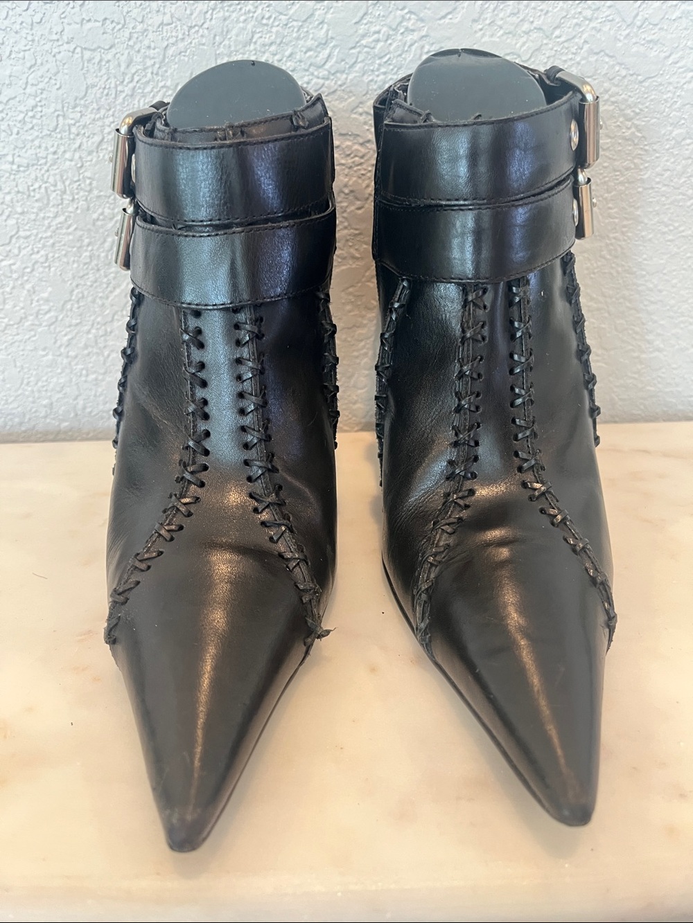 Rare Carlos Santana Black Pointed Leather Ankle Boots with Buckle Strap